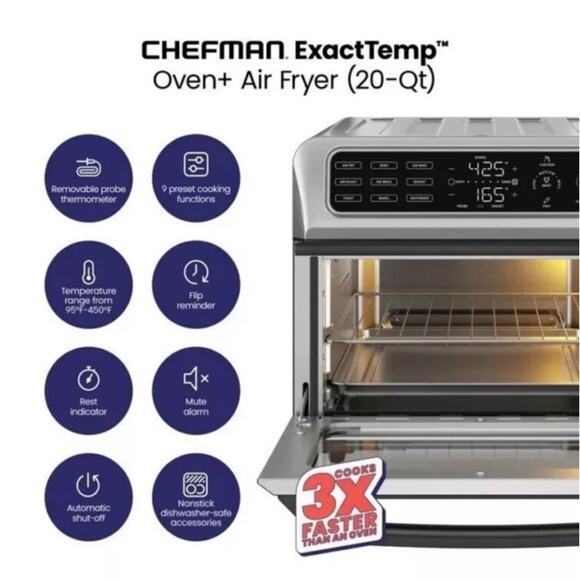 "Chefman 20qt 9-in-1 Air Fryer Toaster Oven, Probe Thermometer" - Picture 2 of 3